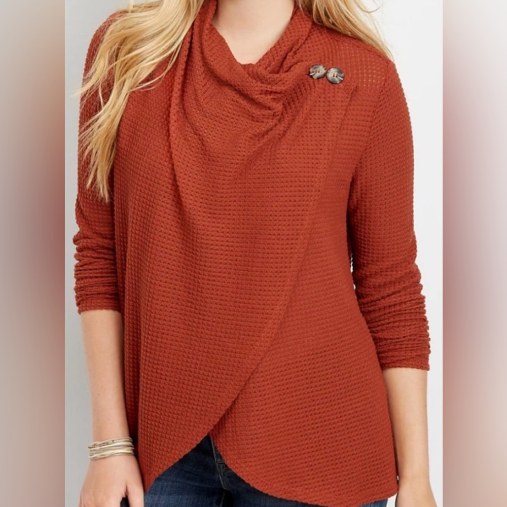 Asymmetrical Waffle Cardigan- Rust XXL